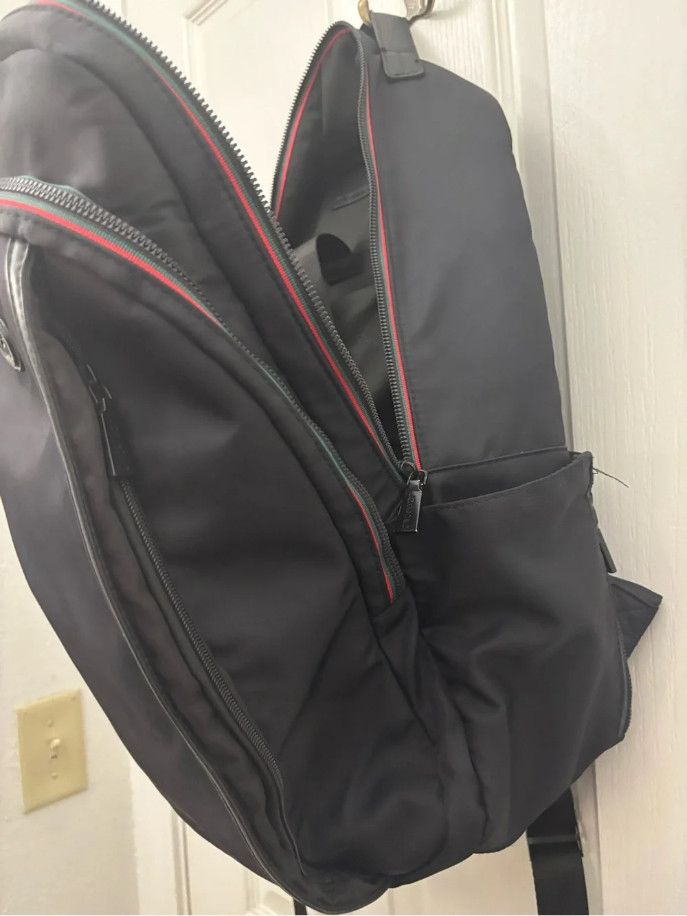 Joan & David Black Nylon Backpack Red Green Stripe Multi Pocket Travel Bag